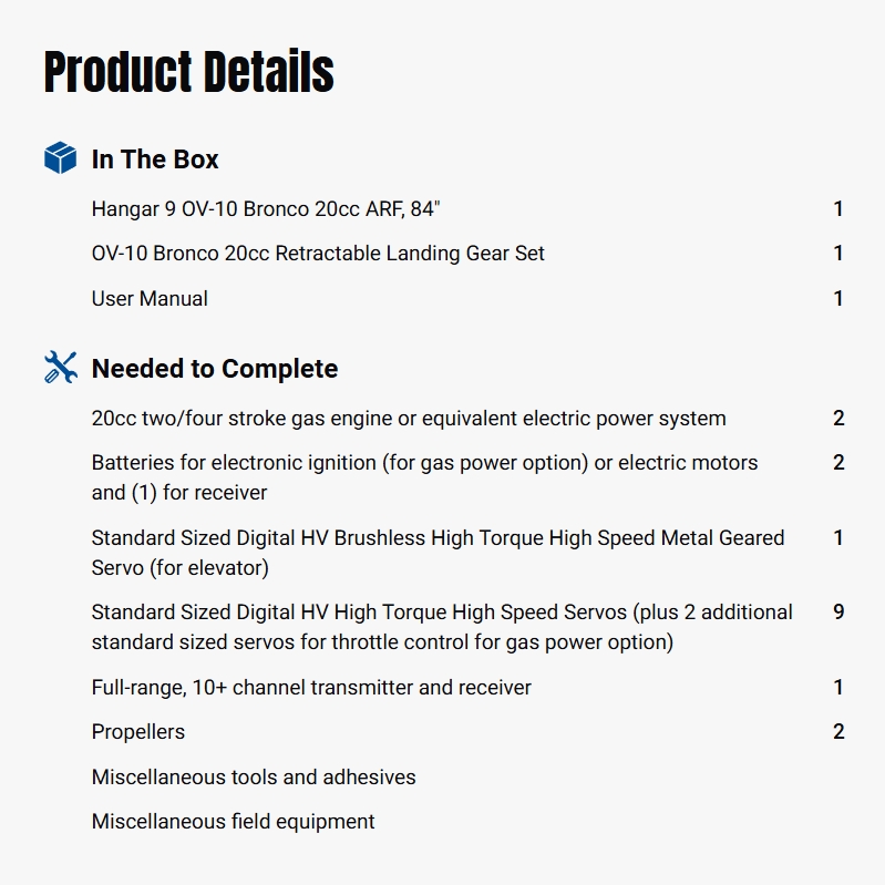 Hangar 9 OV-10 Bronco 20cc ARF 84” w/ Landing Gear Set