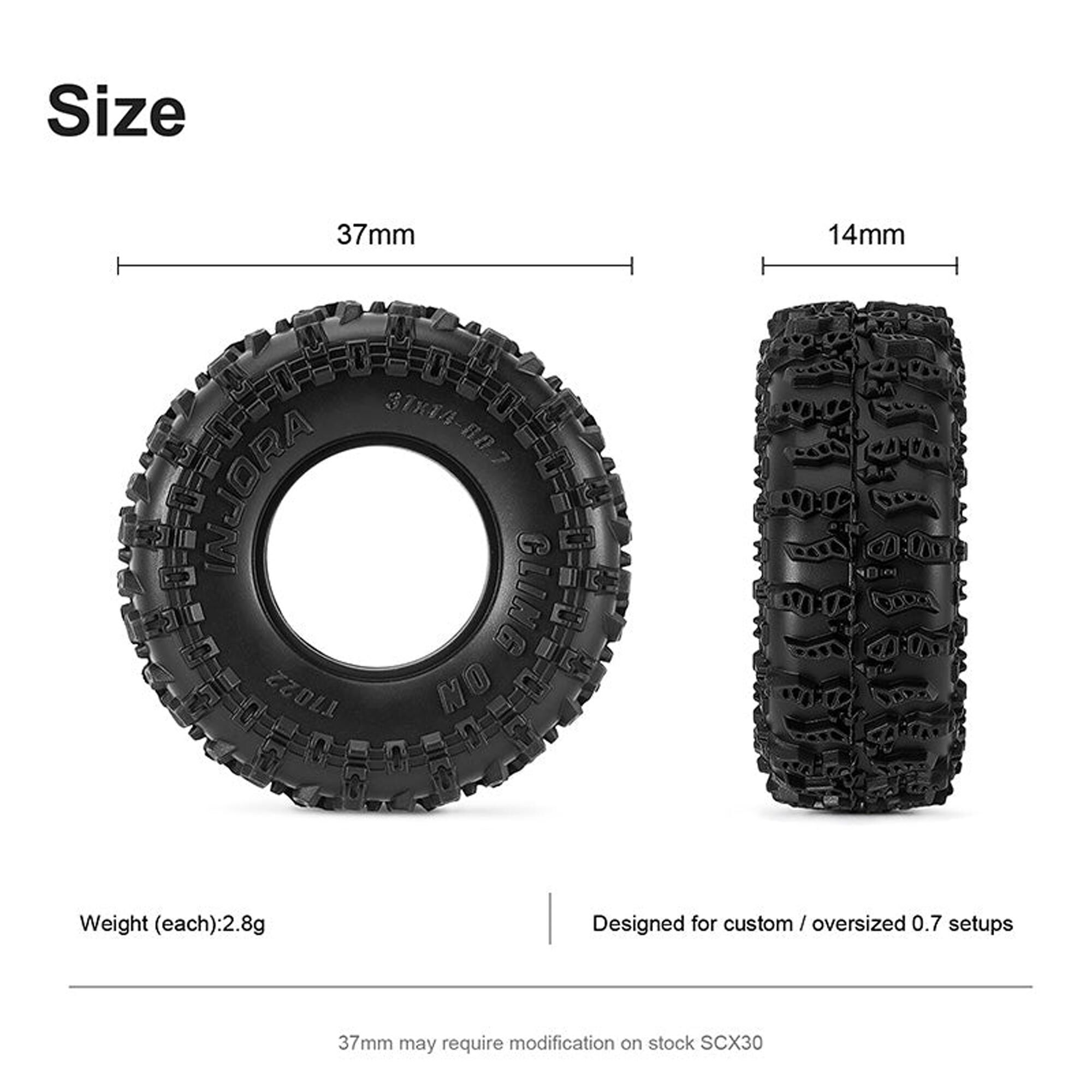 Injora 1:30 Cling On Front/Rear 0.7" Rock Crawler Tires (1.45" OD) & Inserts (4)-INJT7022
