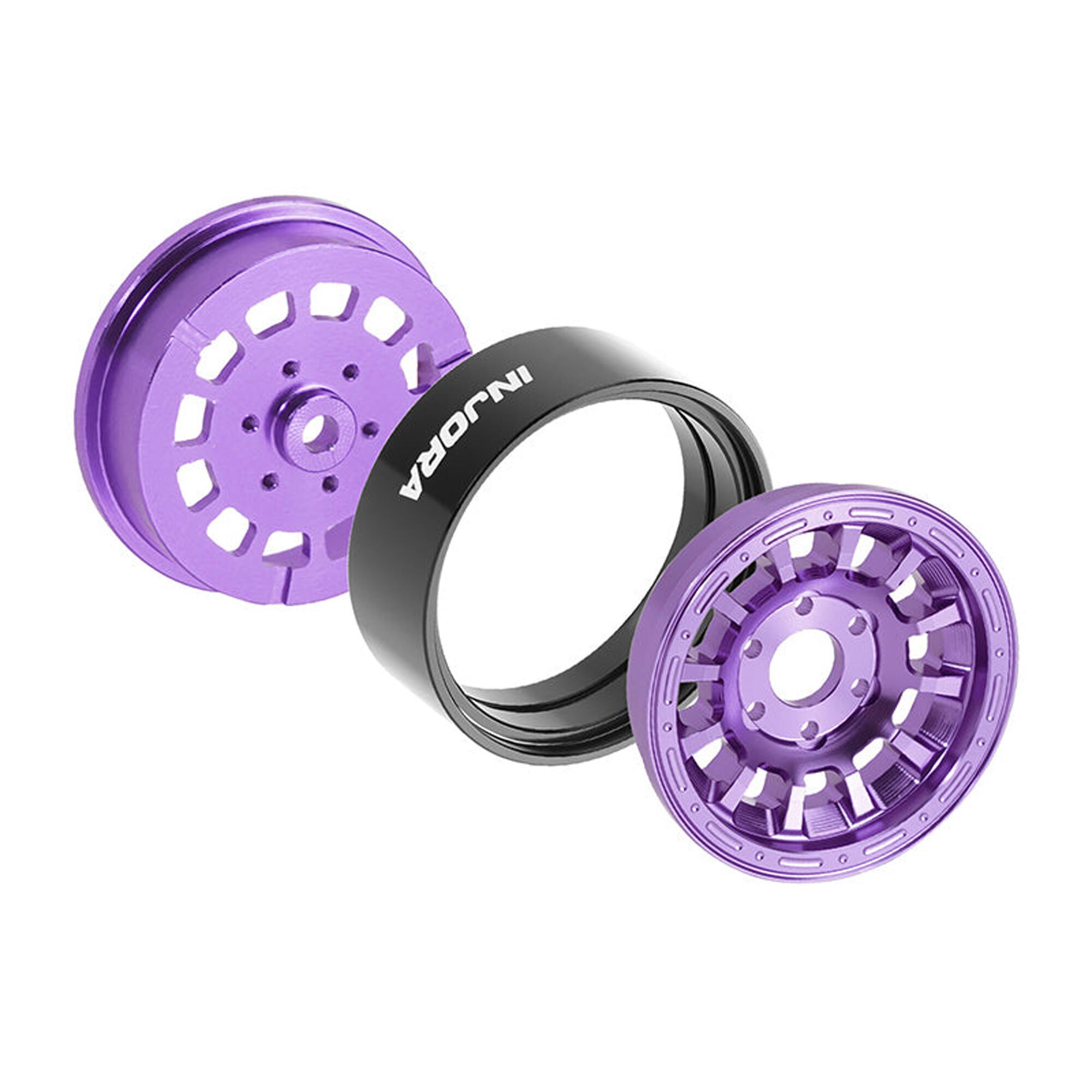Injora 1:24 Aluminum 1.3" Front/Rear Beadlock Rock Crawler Wheels, Purple (4)-INJW1314PU