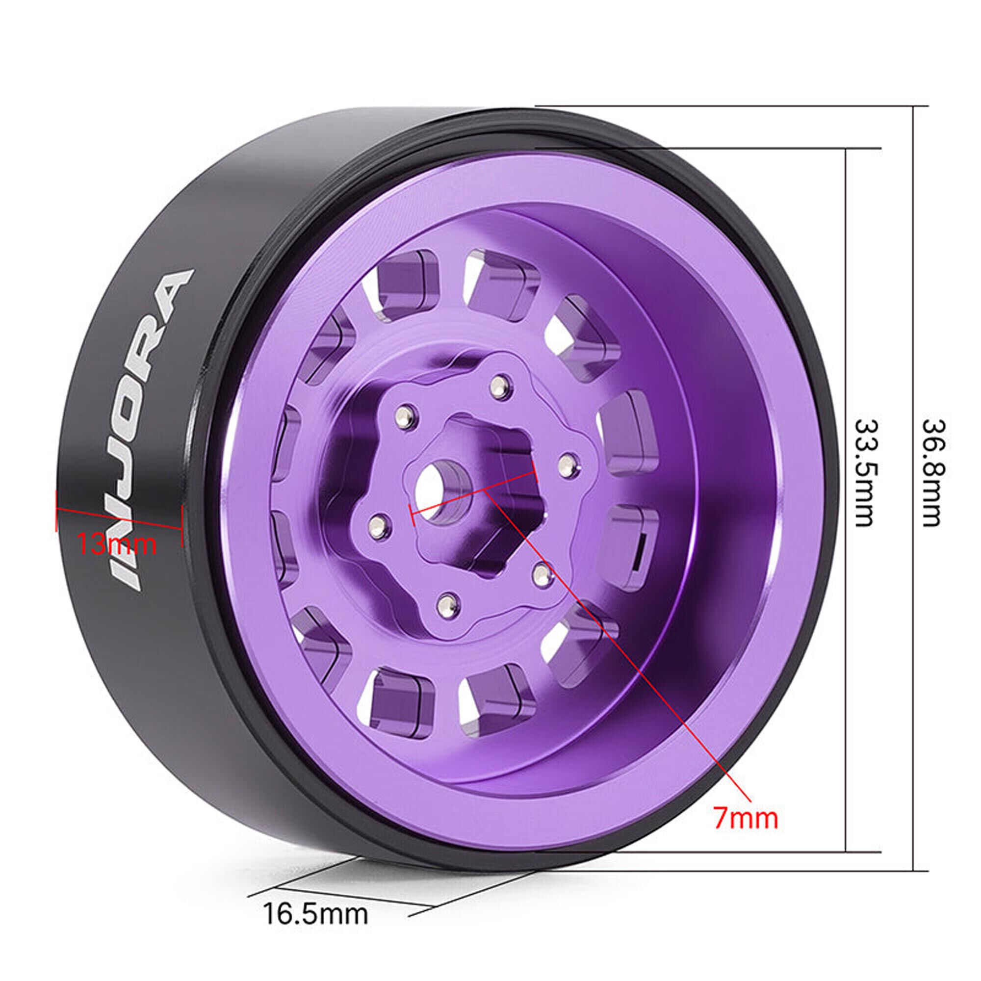 Injora 1:24 Aluminum 1.3" Front/Rear Beadlock Rock Crawler Wheels, Purple (4)-INJW1314PU
