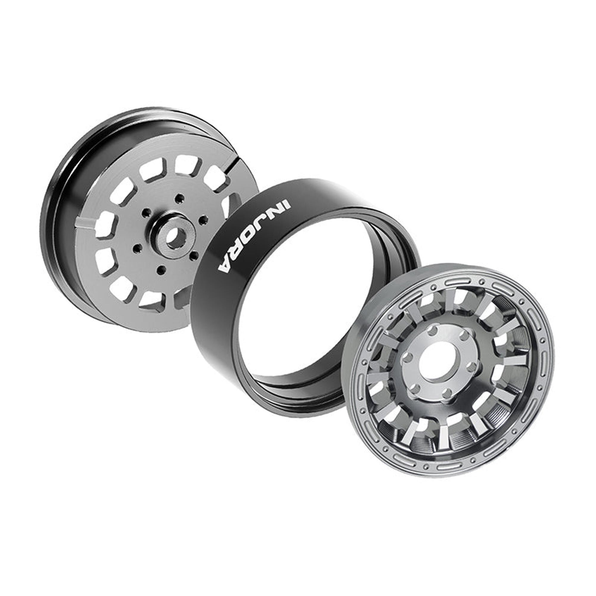 Injora 1:24 Aluminum 1.3" Front/Rear Beadlock Rock Crawler Wheels, Titanium (4)-INJW1314TI