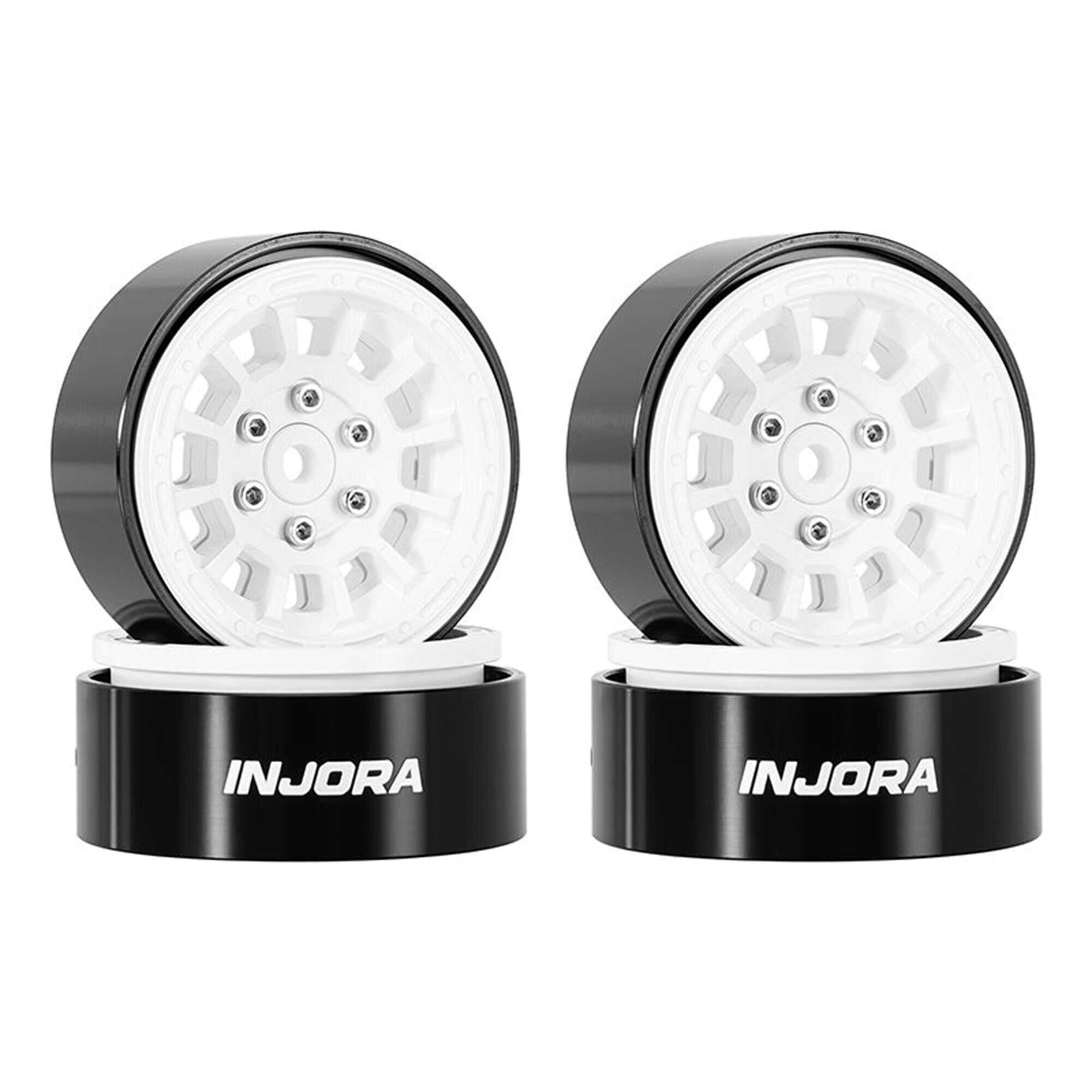 Injora 1:24 Aluminum 1.3" Front/Rear Beadlock Rock Crawler Wheels, White (4)-INJW1314WH