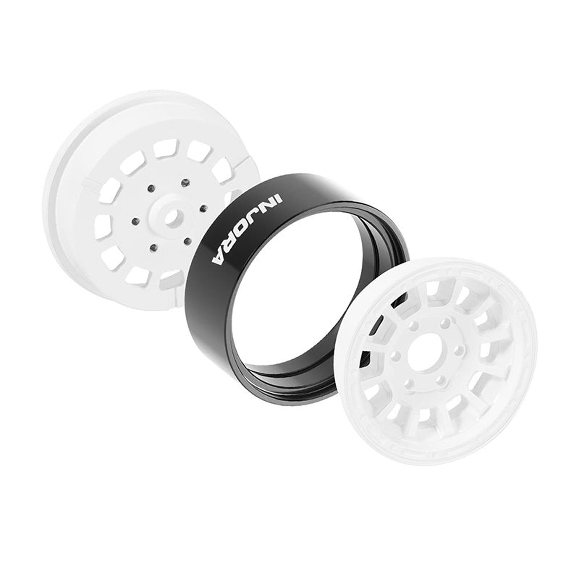 Injora 1:24 Aluminum 1.3" Front/Rear Beadlock Rock Crawler Wheels, White (4)-INJW1314WH