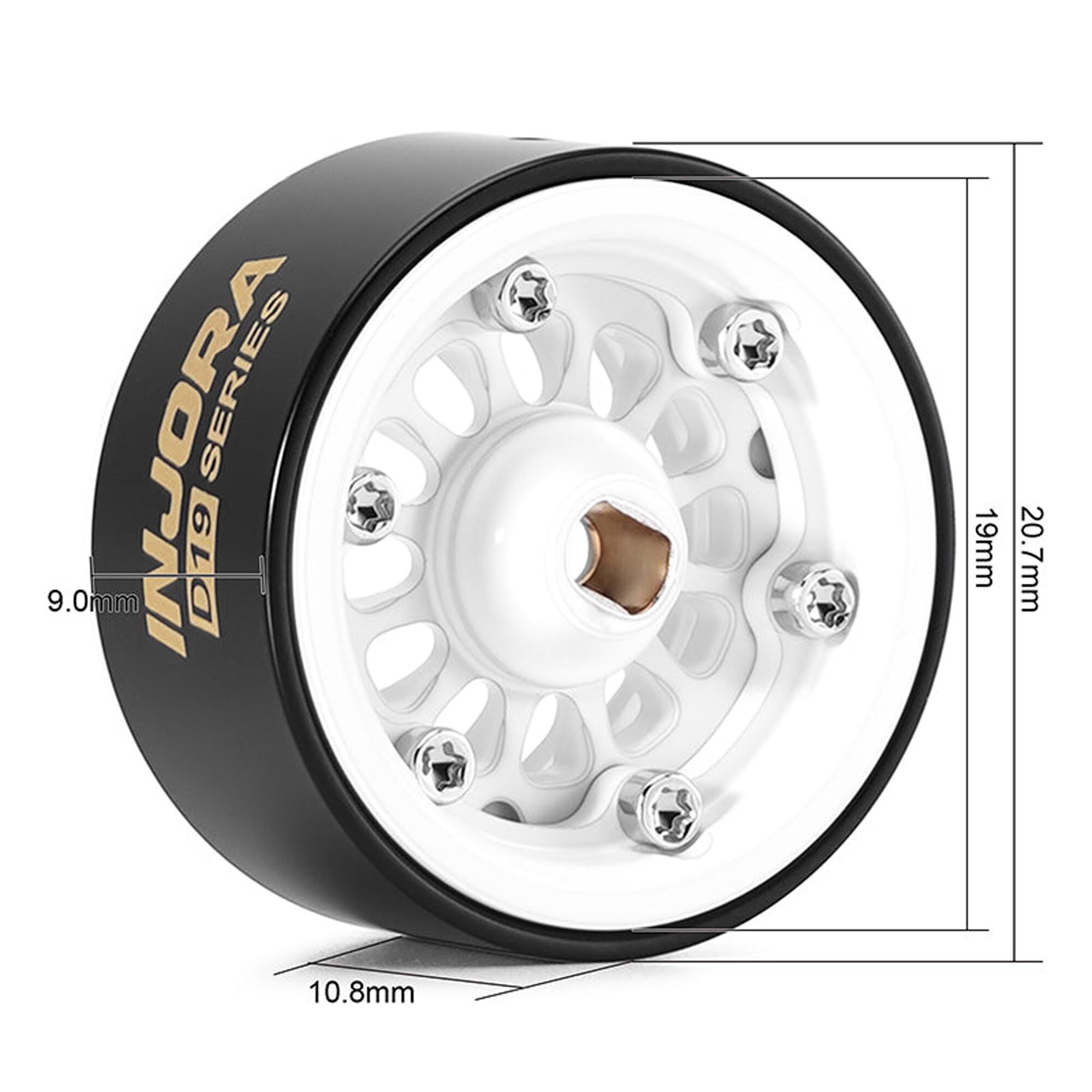 Injora 1:30 Brass 0.7" D19 Front/Rear Rock Crawler Wheels, White, 1:30 Axial SCX30 (4)-INJW7015WH-19