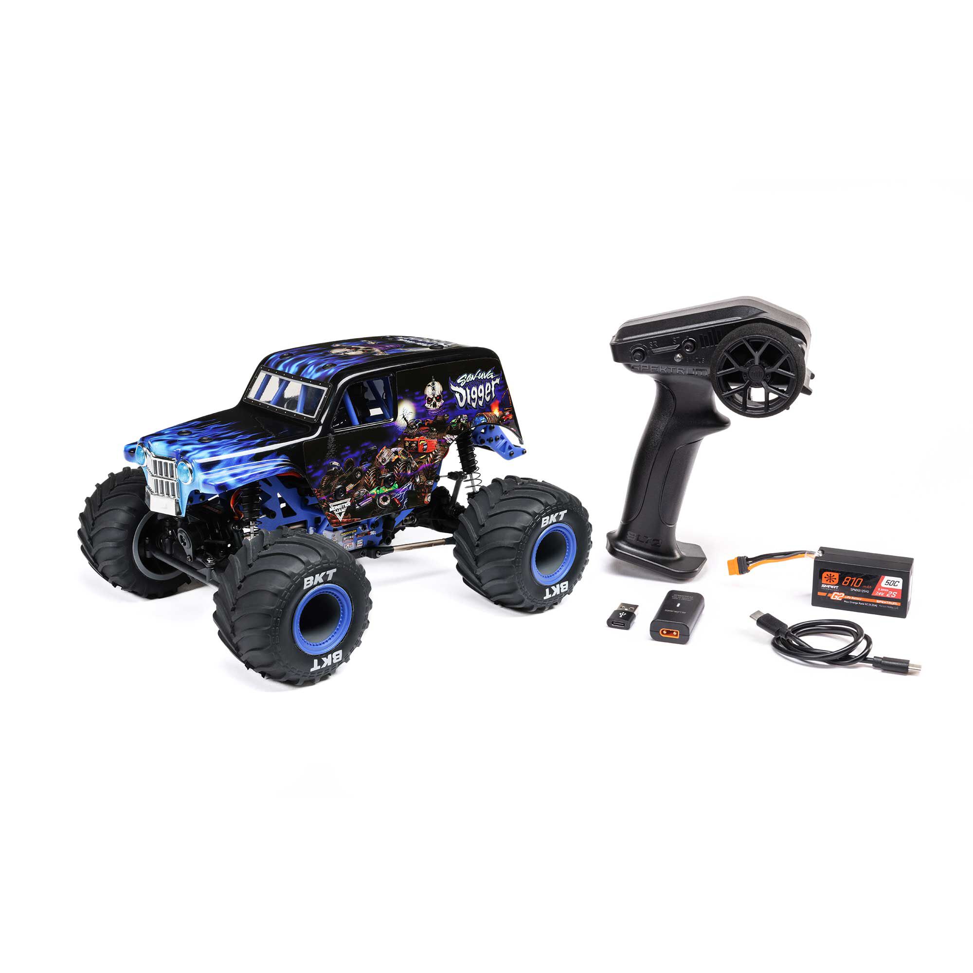 Losi 1:18 Mini LMT Grave Digger 2S 4X4 RTR Brushed Monster Truck w/Battery & Charger, Green&Blue