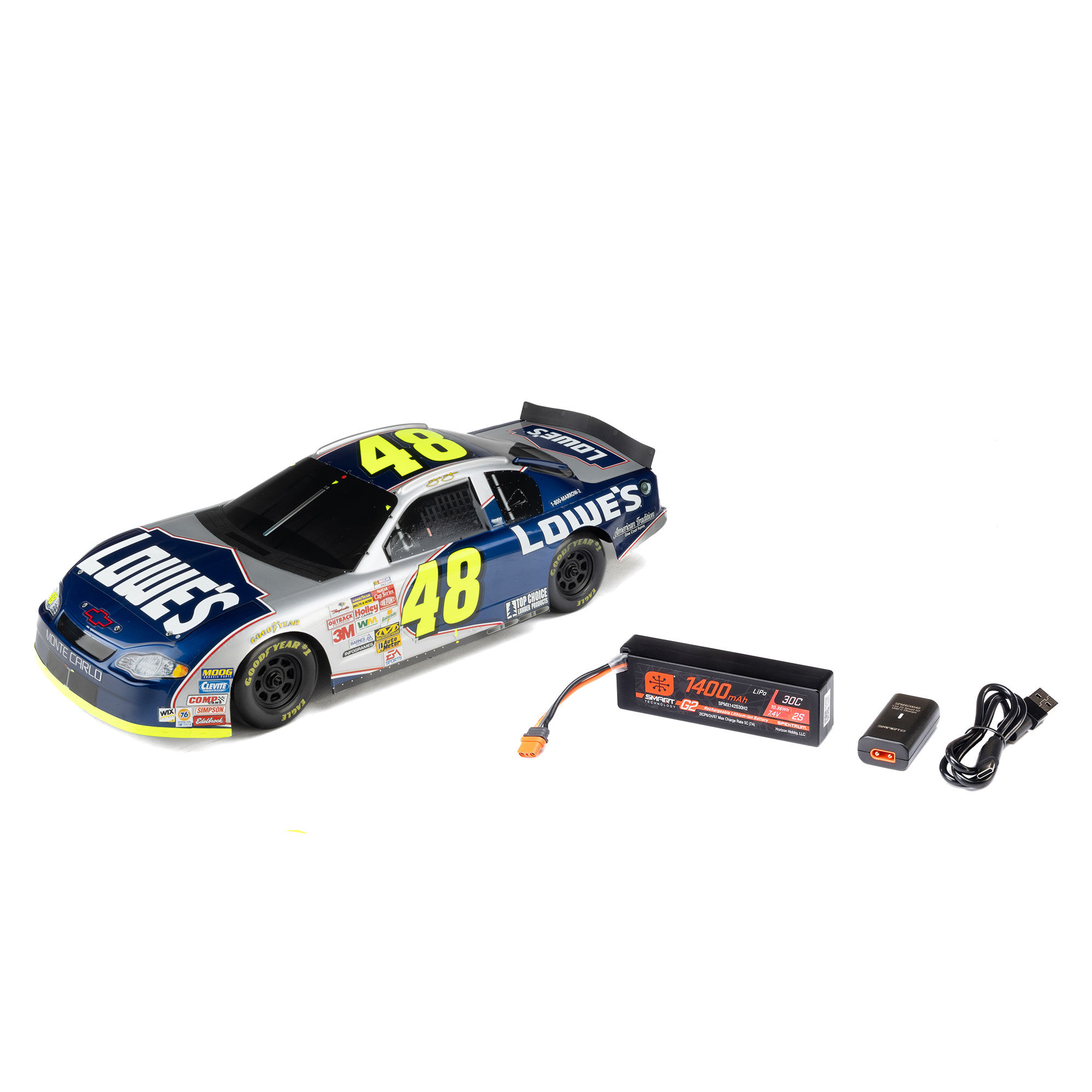 Losi 1/12 NASCAR RC Race Car Jimmie Johnson No. 48 Lowes Chevrolet Monte Carlo 2S AWD RTR Brushed On-Road (Battery & Charger Included), Blue