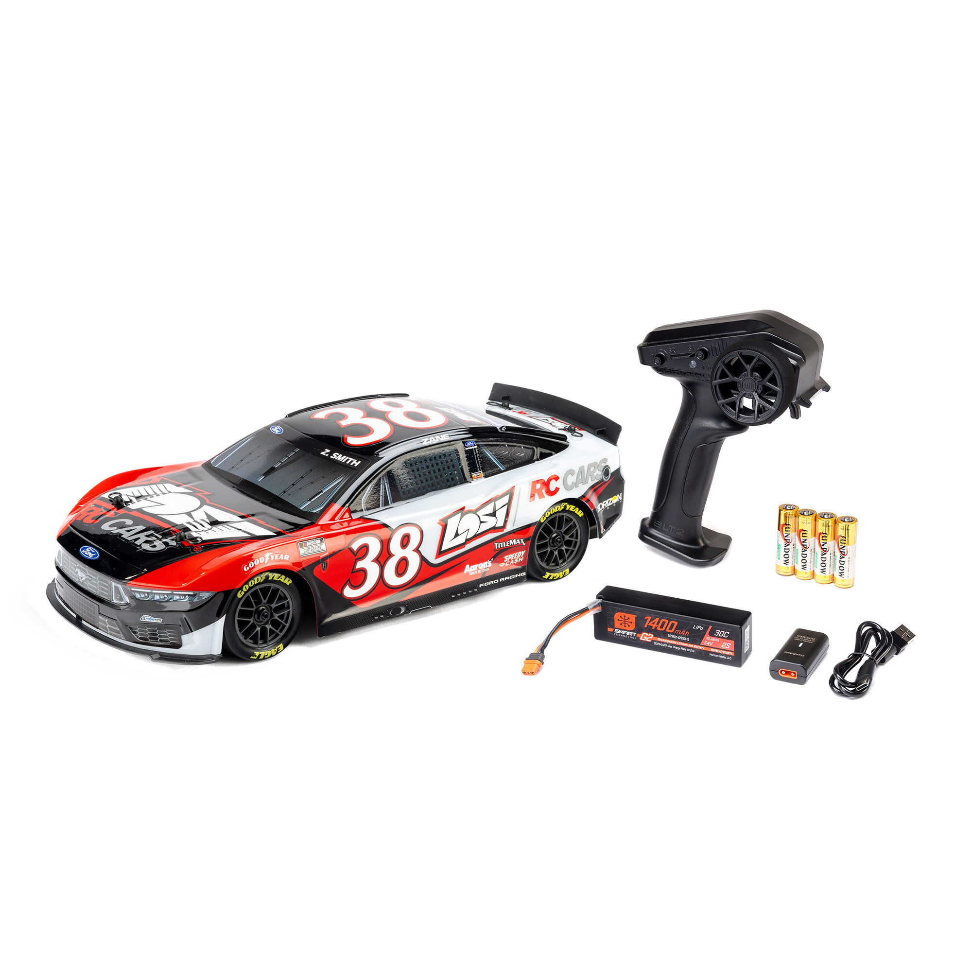 Losi 1:12 NASCAR RC Race Car Zane Smith No. 38 2026 Losi Ford Mustang 2S AWD RTR Brushed On-Road (Battery & Charger Included)