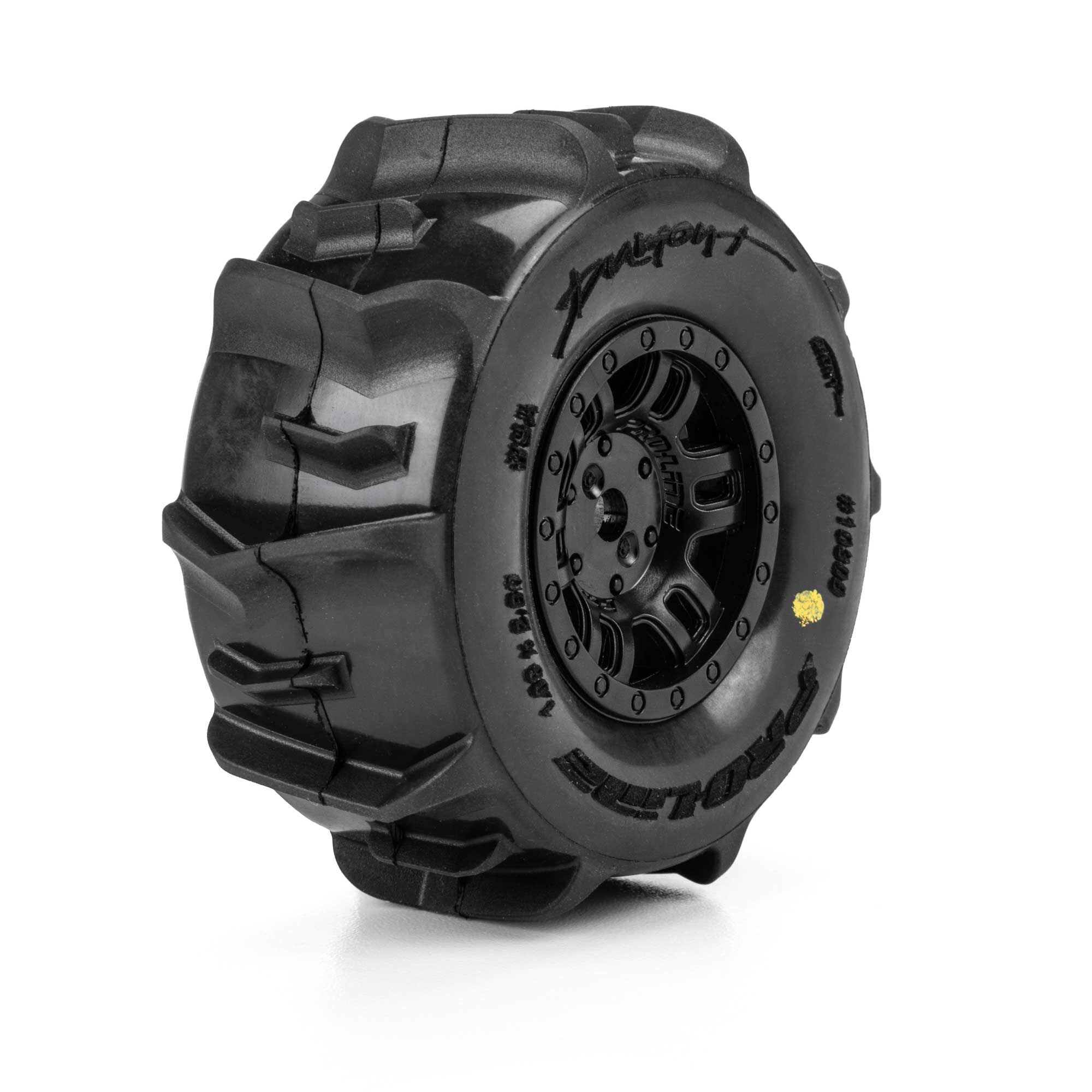 1/16 Dumont Front/Rear Paddle Tires Mounted 12mm Black Split Six (4): ARRMA MOJAVE GROM