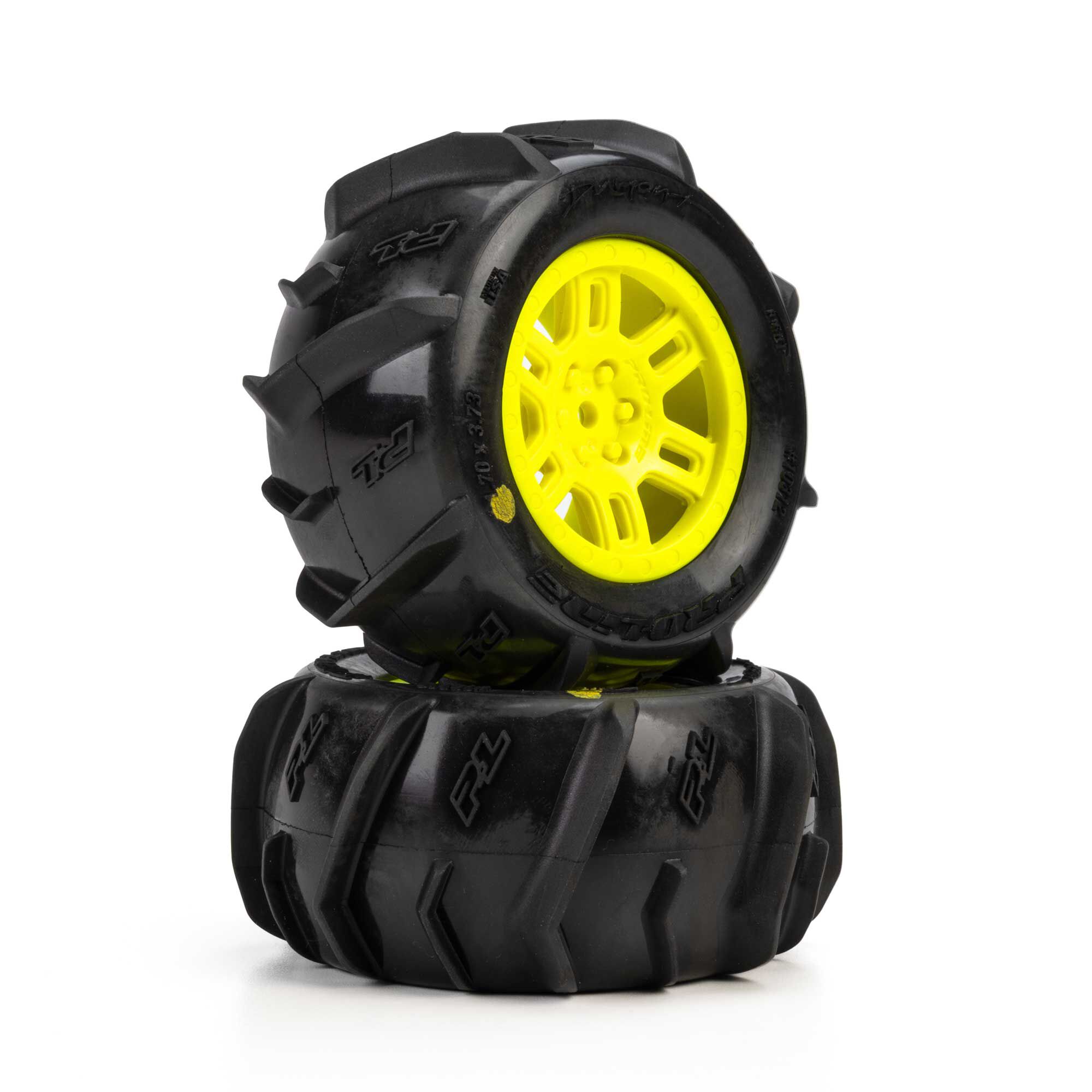 Pro-Line Racing 1:16 Dumont Front/Rear Paddle Tires Mounted 12mm Yellow Split Six (2): ARRMA MINI KRATON-PRO1031212
