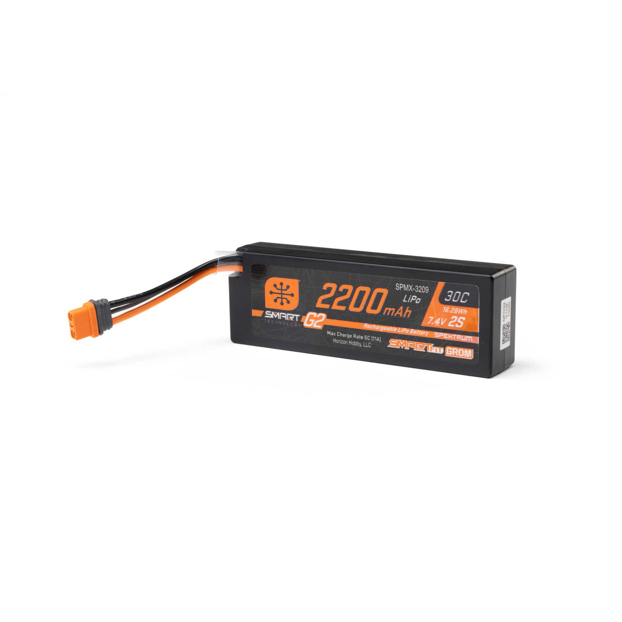 Spektrum Accessories 7.4V 2200mAh 2S 30C Smart G2 LiPo Battery: IC2 SmartFit Case-SPMX-3209