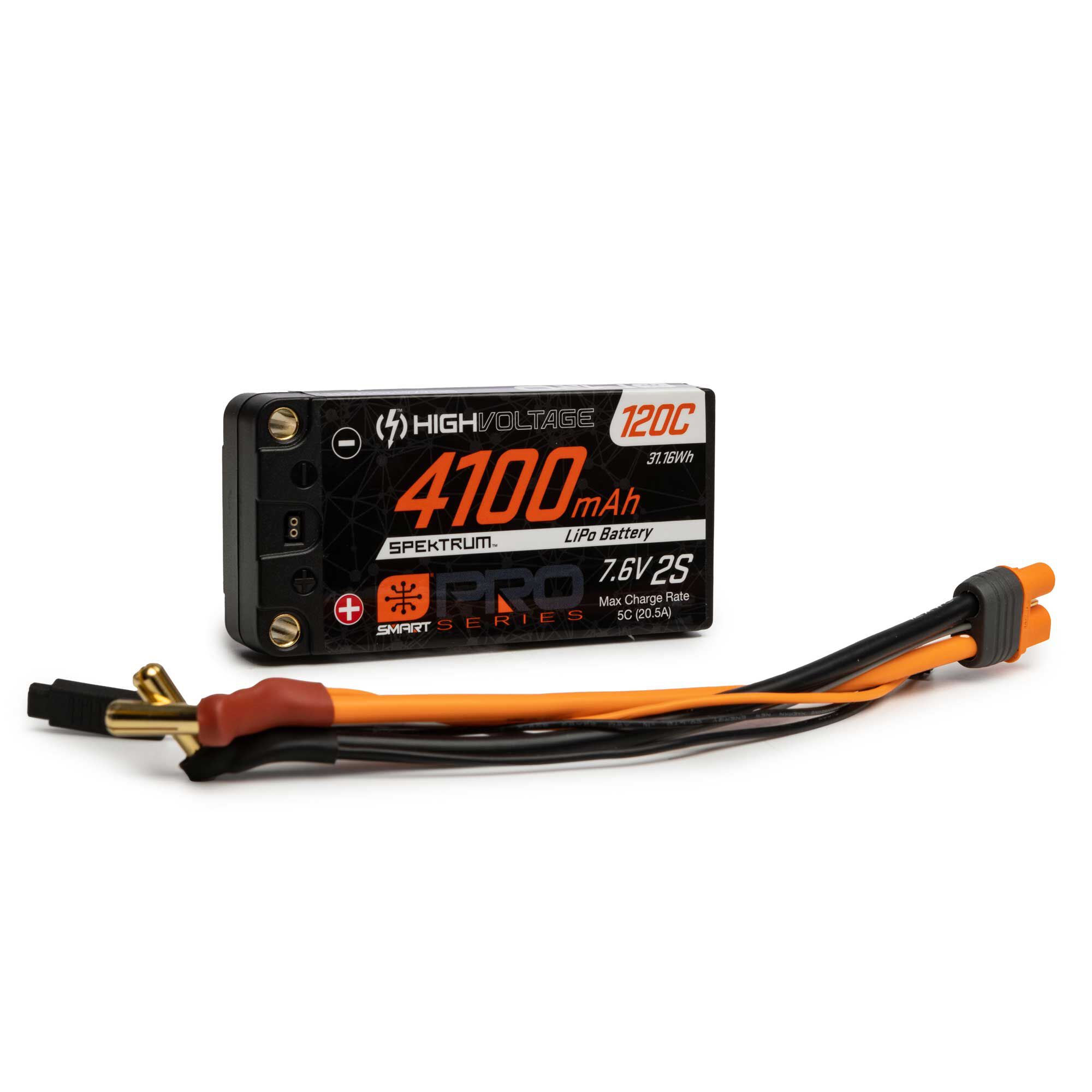 Spektrum 7.6V 4100mAh 2S 120C Smart Pro Race Shorty Hardcase LiHV Battery: Tubes, 5mm-SPMX412S120HT