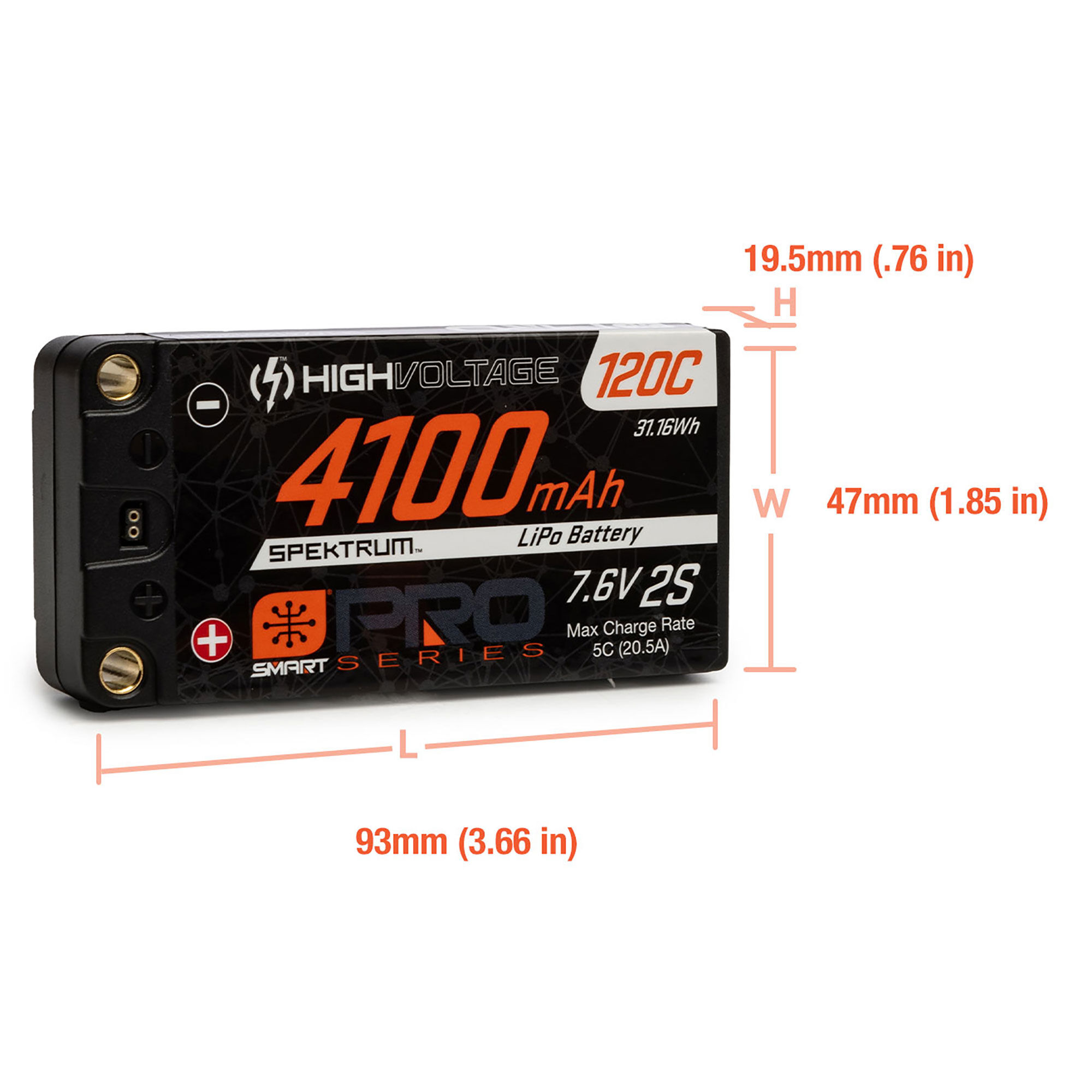Spektrum 7.6V 4100mAh 2S 120C Smart Pro Race Shorty Hardcase LiHV Battery: Tubes, 5mm-SPMX412S120HT