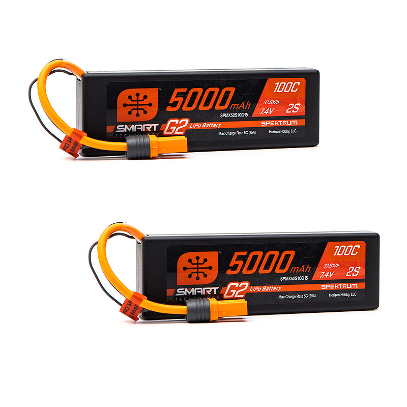 Spektrum 7.4V 5000mAh 2S 100C Smart G2 Hardcase LiPo Battery: IC5-SPMX52S100H5