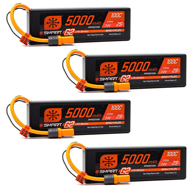 Spektrum 7.4V 5000mAh 2S 100C Smart G2 Hardcase LiPo Battery: IC5-SPMX52S100H5