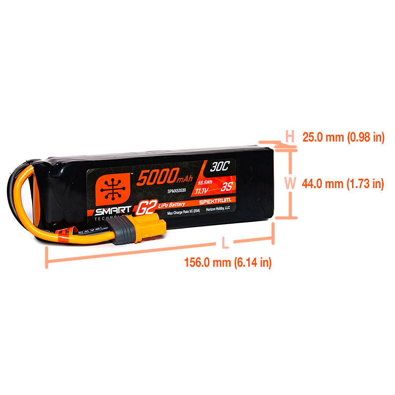 Spektrum 11.1V 5000mAh 3S 30C Smart G2 LiPo Battery: IC5-SPMX53S30