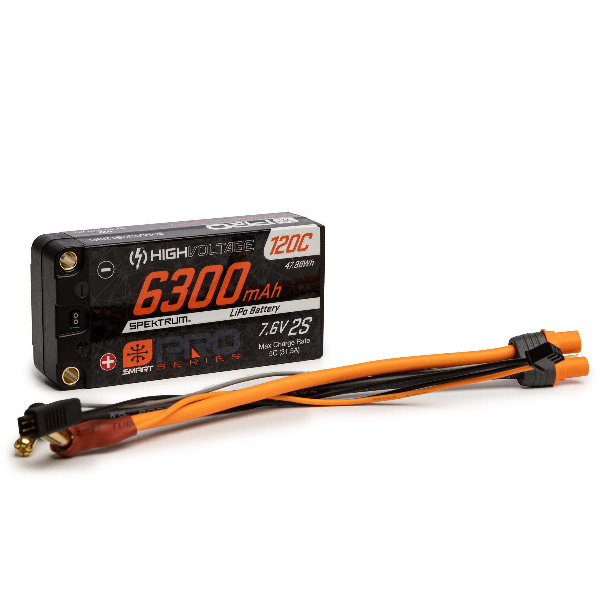 Spektrum 7.6V 6300mAh 2S 120C Smart Pro Race Shorty Hardcase LiHV Battery: Tubes, 5mm-SPMX632S120HT