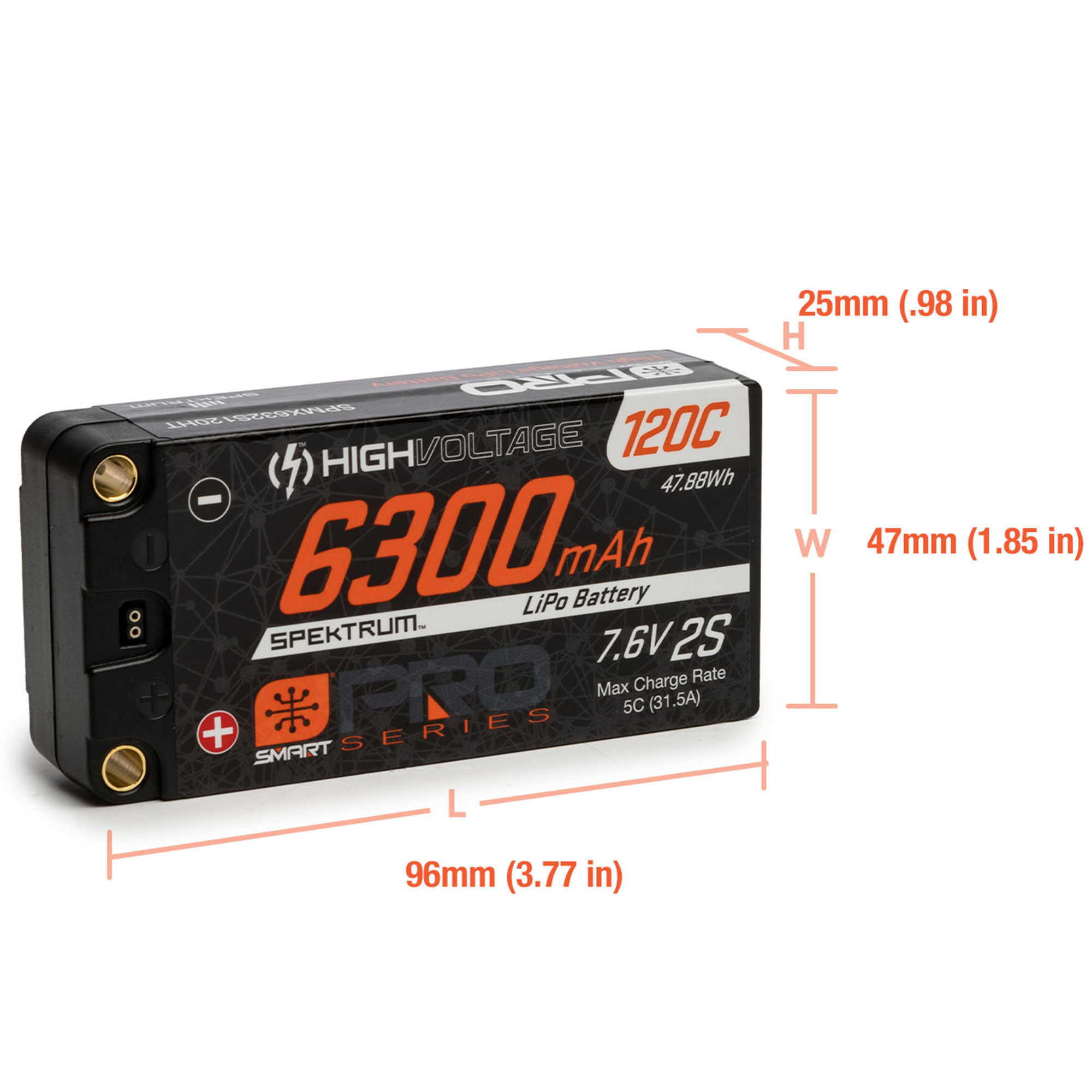 Spektrum 7.6V 6300mAh 2S 120C Smart Pro Race Shorty Hardcase LiHV Battery: Tubes, 5mm-SPMX632S120HT