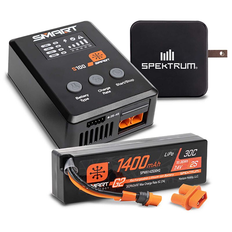 Spektrum Smart Powerstage Surface Bundle: 1400mAh 2S 30C LiPo Battery (IC2) / 100W S100 Charger / 65W Power Supply / Adapter-SPMXPSS215
