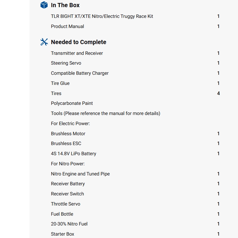 Team Losi Racing 1:8 8IGHT-XT/XTE 4X4 Nitro/Electric Truggy Race Kit-TLR04009