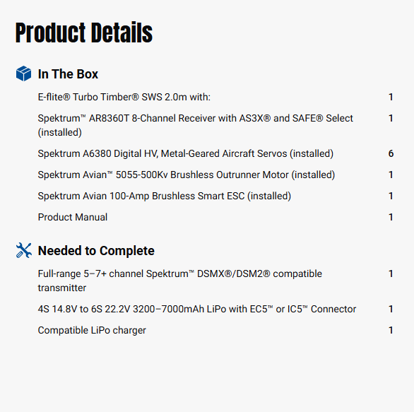 E-flite Turbo Timber SWS 2.0m BNF Basic with AS3X and SAFE Select-EFL71750