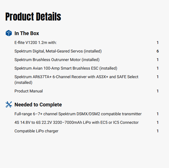 E-flite V1200 1.2m BNF Basic with AS3X+ and SAFE Select-EFL120050