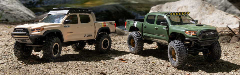 TWO TACOMA PERSONALITIES. ONE PROVEN PLATFORM for the Axial 1/30 SCX30 Toyota Tacoma TRD Pro 4X4 Ready-To-Run Brushed Rock Crawler
