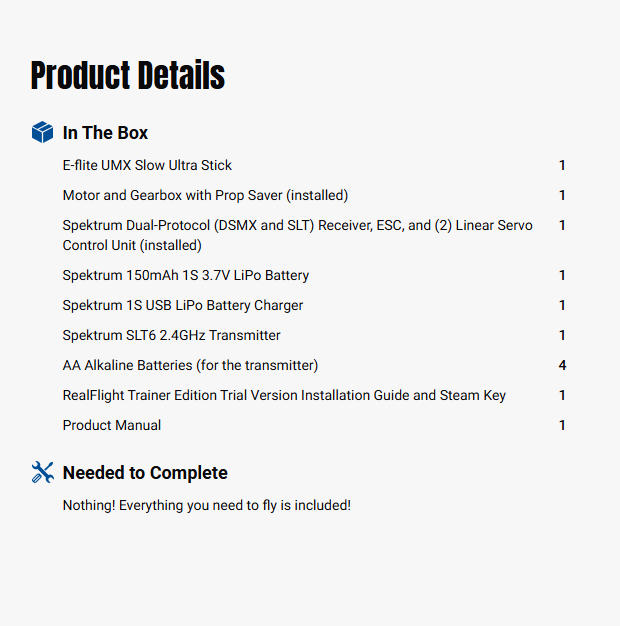 E-flite UMX Slow Ultra Stick RTF with AS3X and SAFE Select-EFLU03000