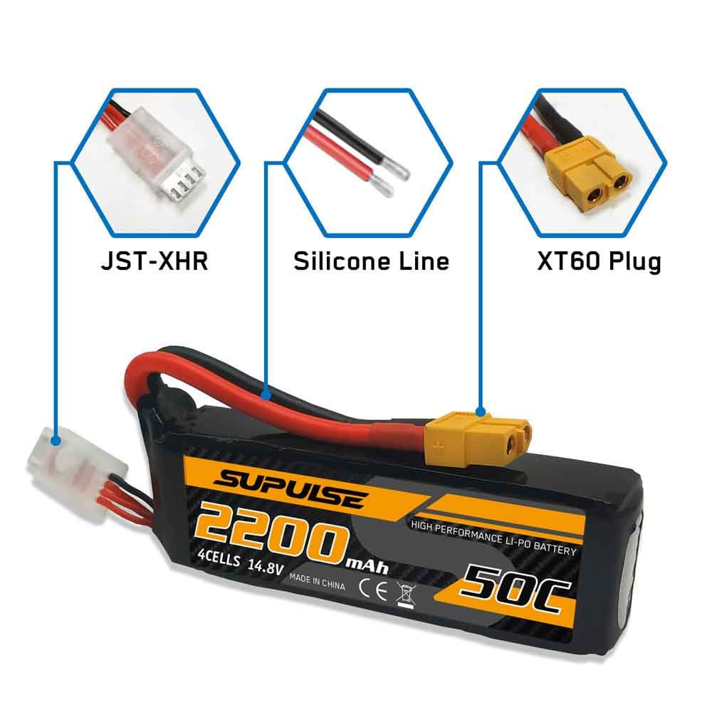  Skip to product information SUPULSE 2pcs 14.8V 4S 2200mAh 50C Lipo Battery with XT60 Plug