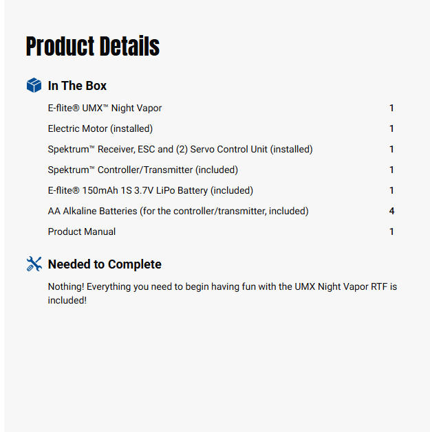 E-flite UMX Night Vapor RTF with AS3X and SAFE Select-EFLU1300