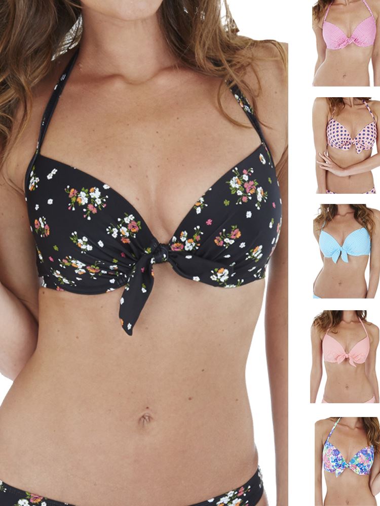 PRINTED BOW PUSH UP BIKINI TOP