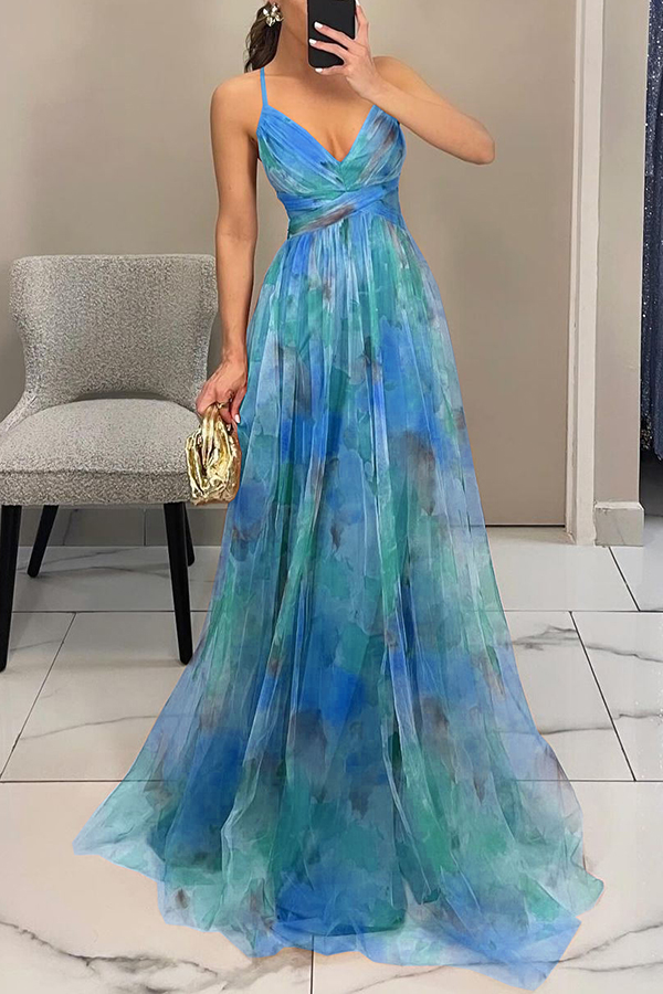 Giselle Tulle Render Floral Print Cutout Waist Back Lace-up Maxi Dress