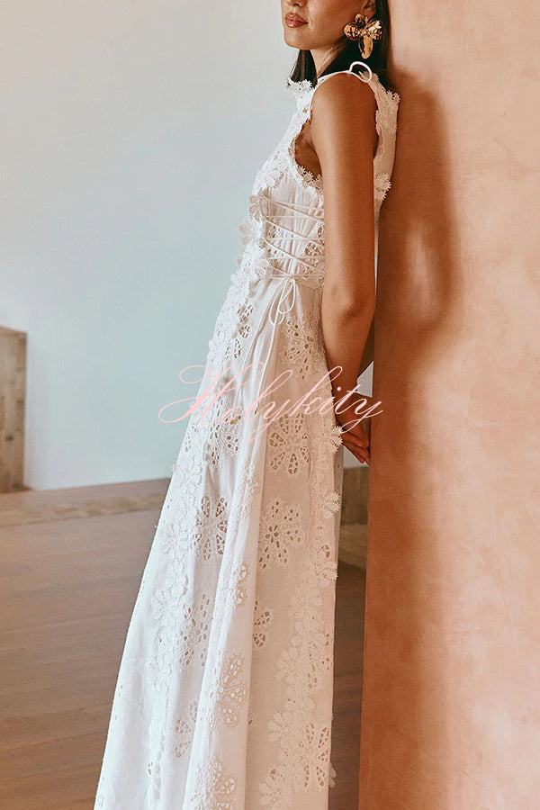Mairi Embroidery Hollow Fabric Delicate Flower Trim Side Lace-up Maxi Dress