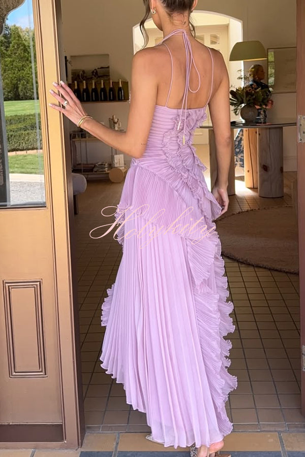 Dream Ode Lily Pad Style Pleats and Ruffles Halter Gown Maxi Dress