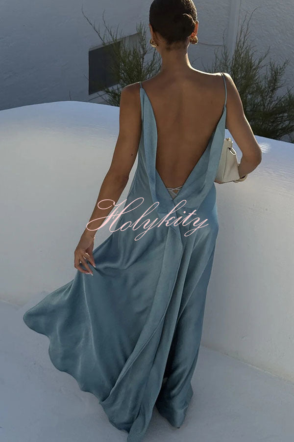 Flowing Elegance Satin Draped Neck Backless Ruffle Slit Maxi Dress