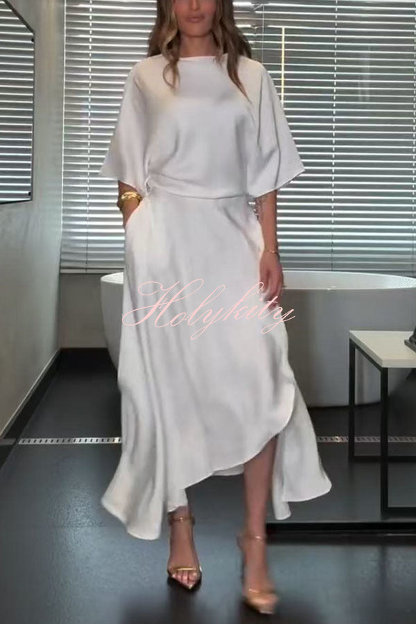 Modern and Elegant Satin Half Wide Sleeve Wrap Style Pocket Slit Loose Maxi Dress