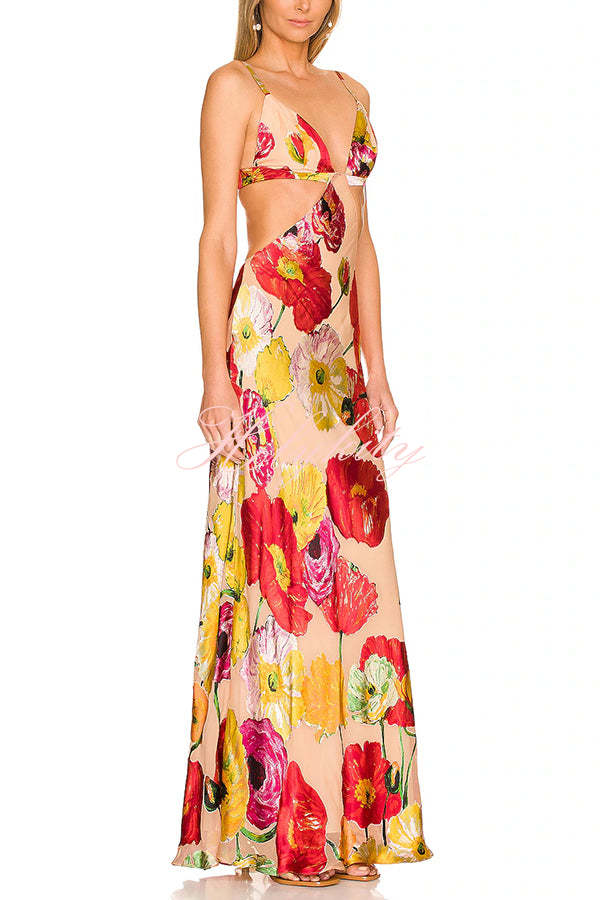Hawaiian Dreams Satin Floral Print Cutout Backless Maxi Dress