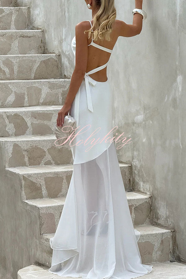 Fable Satin One Shoulder Back Adjustable Straps Contrast Chiffon Hem Maxi Dress