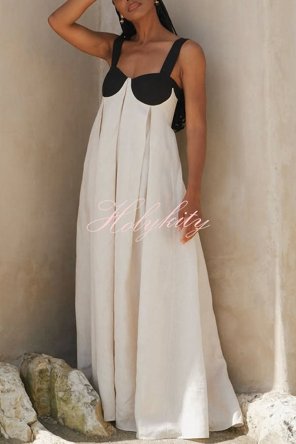 Jordina Linen Blend Colorblock Cups Backless Tie-up Loose Maxi Dress