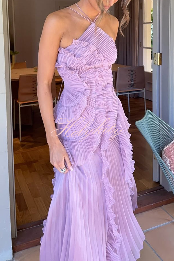 Dream Ode Lily Pad Style Pleats and Ruffles Halter Gown Maxi Dress