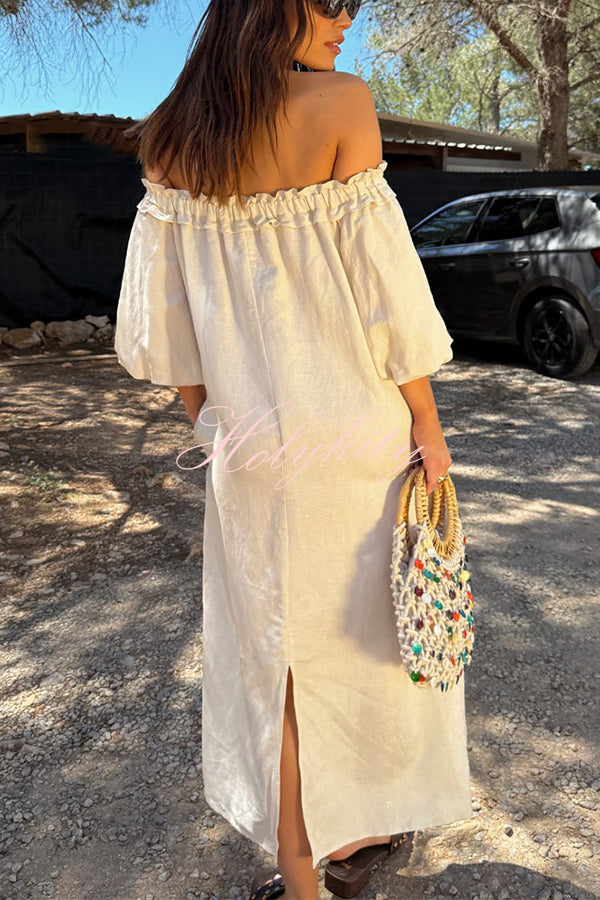 Sunveil Linen Blend Unique Print Puff Sleeve Pocket Strapless Maxi Dress