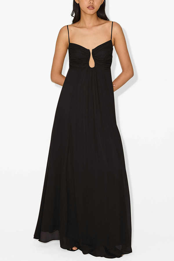 Soft and Elegant Metal Hollow Design Back Smocked A-line Slip Maxi Dress