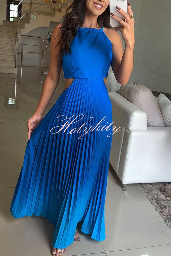Fashionable Backless Tie Elegant Gradient Pleated Maxi Dress