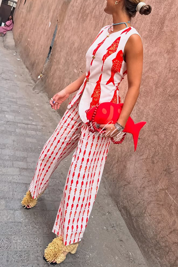 Good Luck Linen Blend Koi Pattern Metal Buttons Waisted Vest