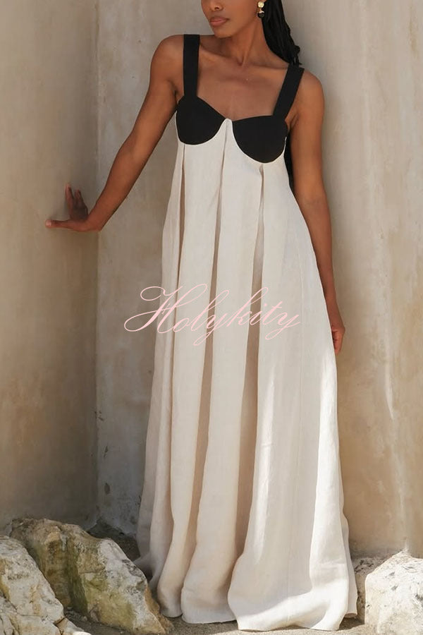 Jordina Linen Blend Colorblock Cups Backless Tie-up Loose Maxi Dress