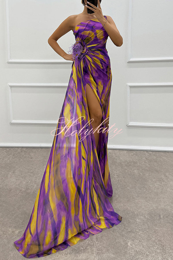 Amazing Views Watercolor Print Feather Rose Detail Off Shoulder Pleated Slit Maxi Dress