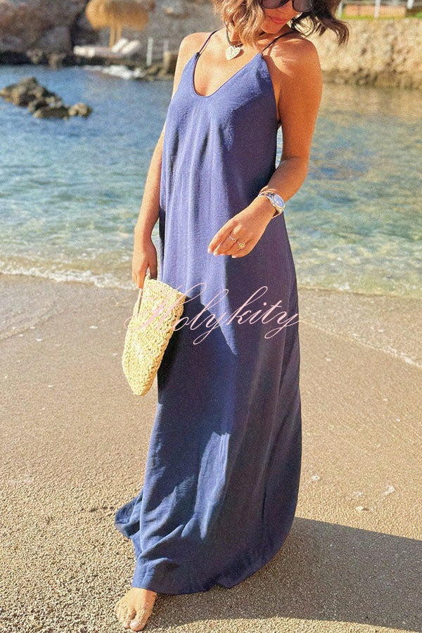 Sunny Beach Straps Unique Beaded Detail Backless Slit Maxi Dress