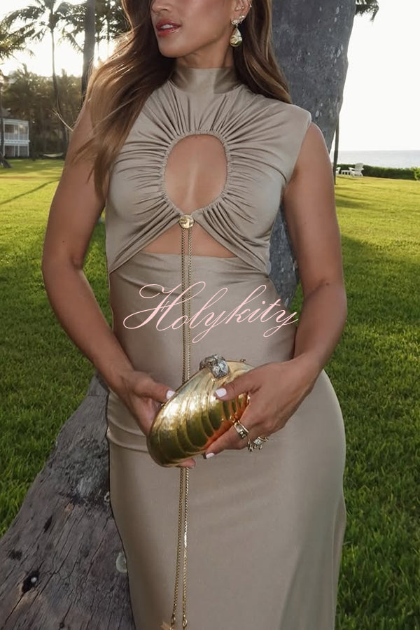 Genis Hollow Elastic Bust High Neck Sleeveless Gathered Maxi Dress