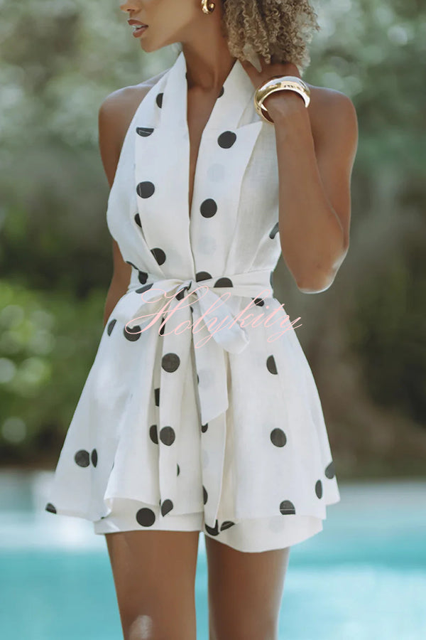 Gabby Linen Blend Polka Dot Tie-up Lapel Halter Vest and Metal Ring Belt Loose Shorts Set