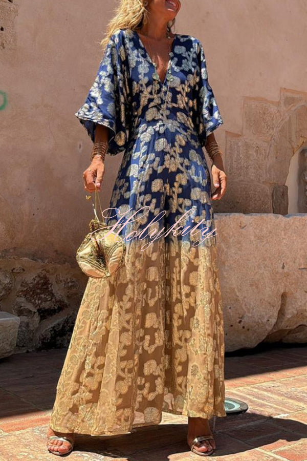 Avani Tie Dye Gradient Golden Flower Print Wide Sleeve Elastic Waist Jumpsuit