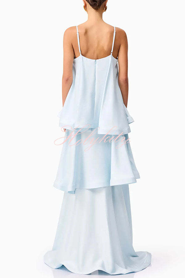 Soft and Smooth Satin Tiered Slip Square Neck A-line Maxi Dress